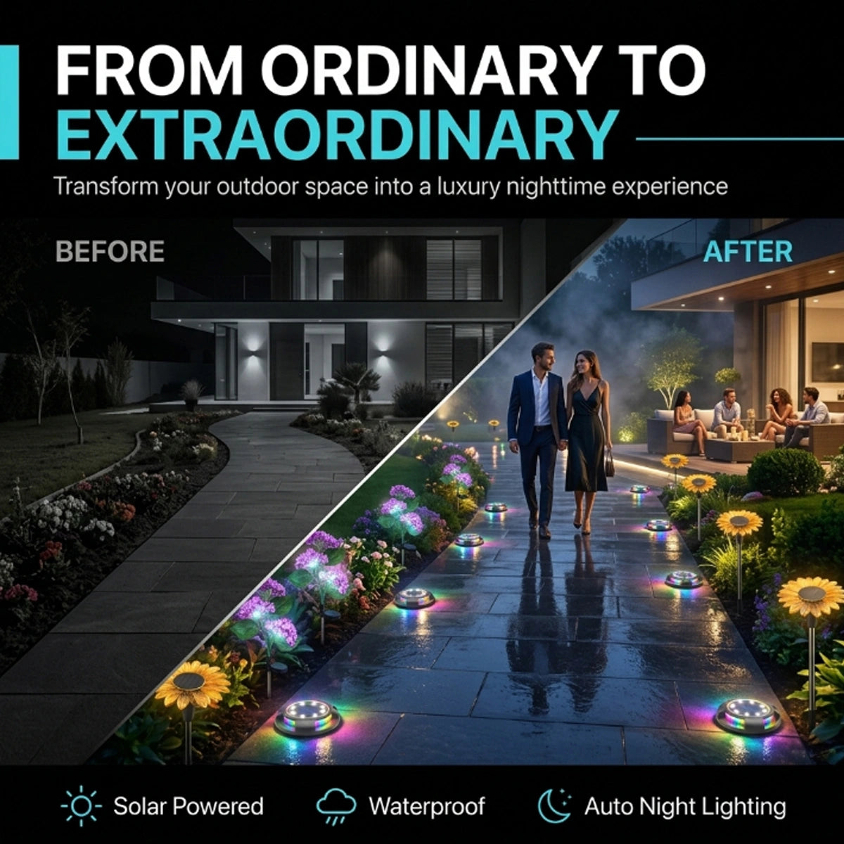 Before and after comparison of outdoor space with lighting enhancements, featuring a couple walking on a pathway.