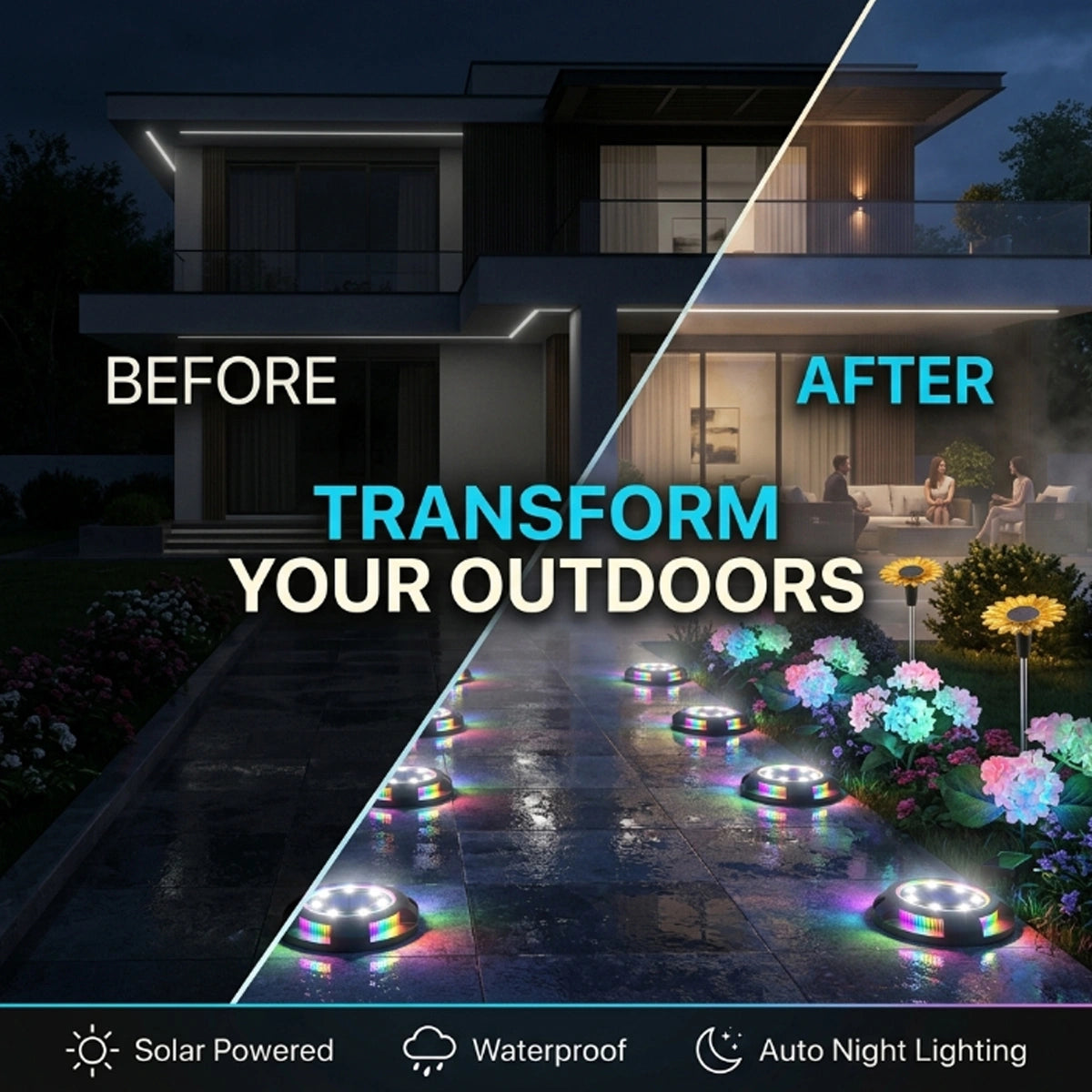 Before and after comparison of a modern house exterior with outdoor lighting enhancements.