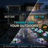 Before and after comparison of a modern house exterior with outdoor lighting enhancements.