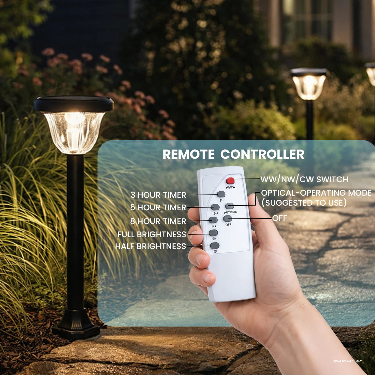 Hand holding a remote control with garden lights in the background