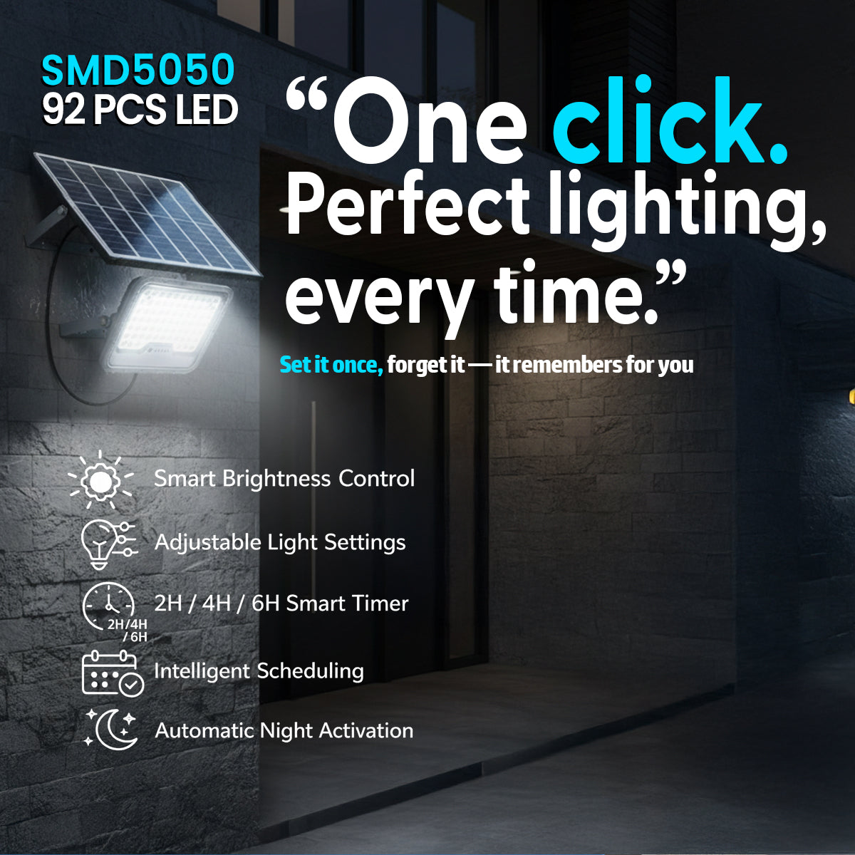 Solar light fixture with LED technology on a dark background, featuring text and features of the product.