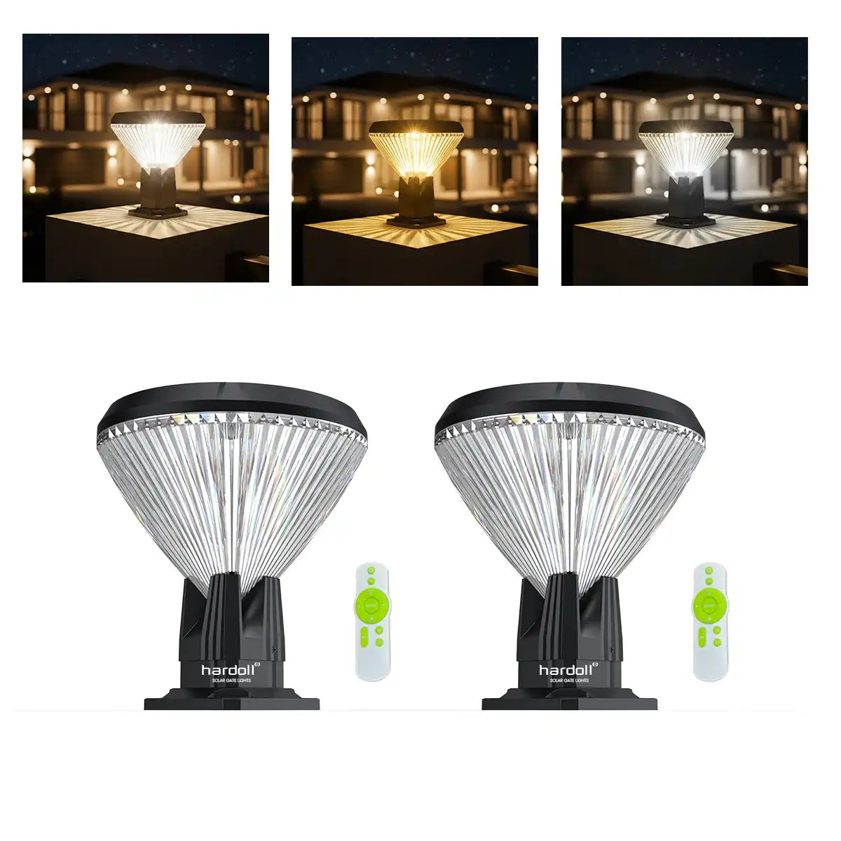 Hardoll Solar Gate and Garden Lights for Home – 8800mAh Battery, 64 LEDs, IP65 Waterproof, 3 Color Modes, Remote Controlled Round Pillar Lamps