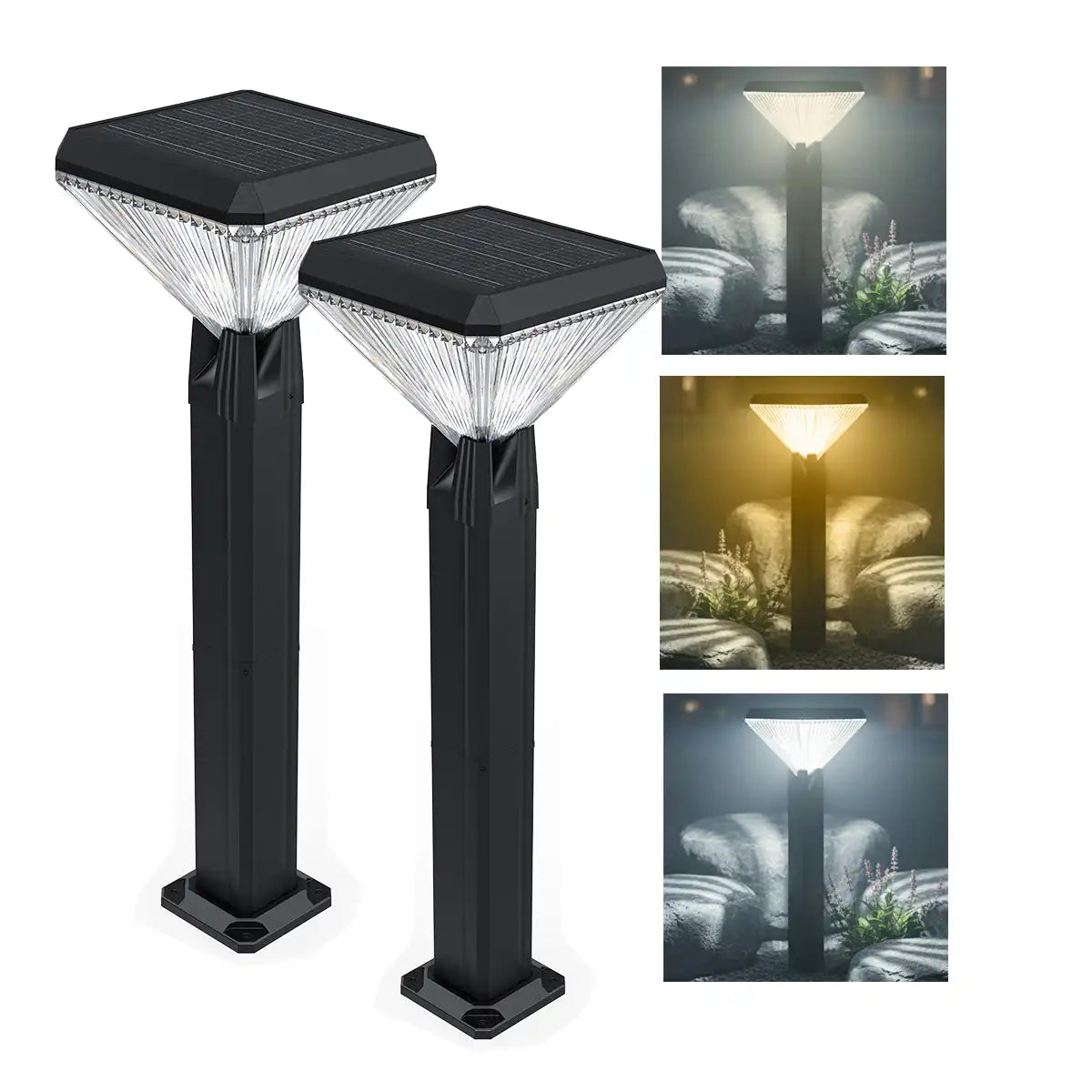 Hardoll Solar Gate and Garden Lights for Home – 8800mAh Battery, 64 LEDs, IP65 Waterproof, 3 Color Modes, Remote Controlled Square Pillar Lamps With Poles