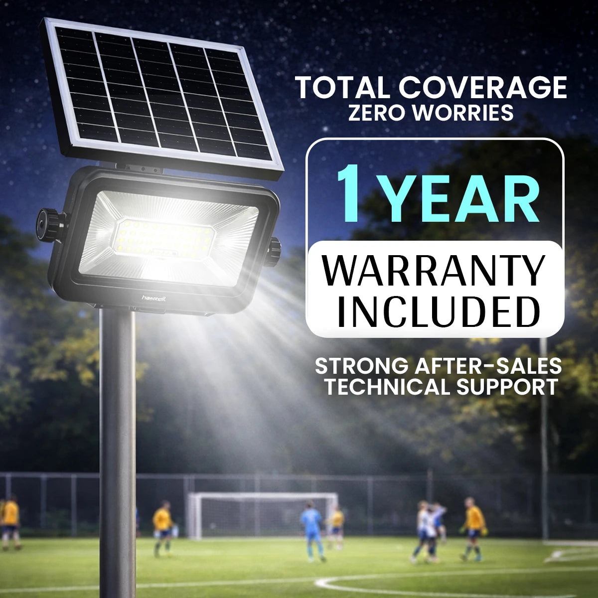 Solar flood light on a sports field with warranty and support information.