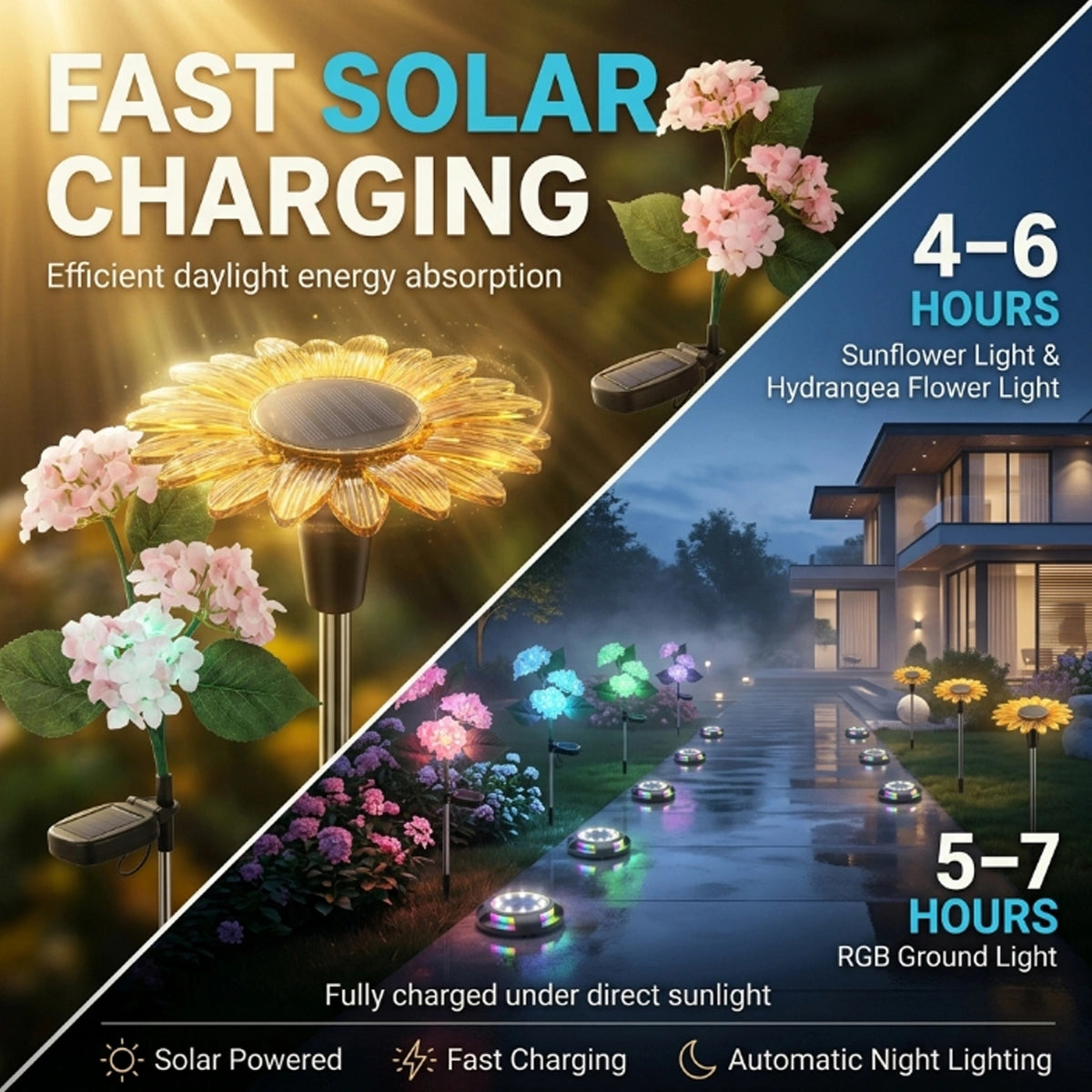 Solar-powered garden lights with charging times and features displayed.