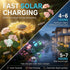 Solar-powered garden lights with charging times and features displayed.