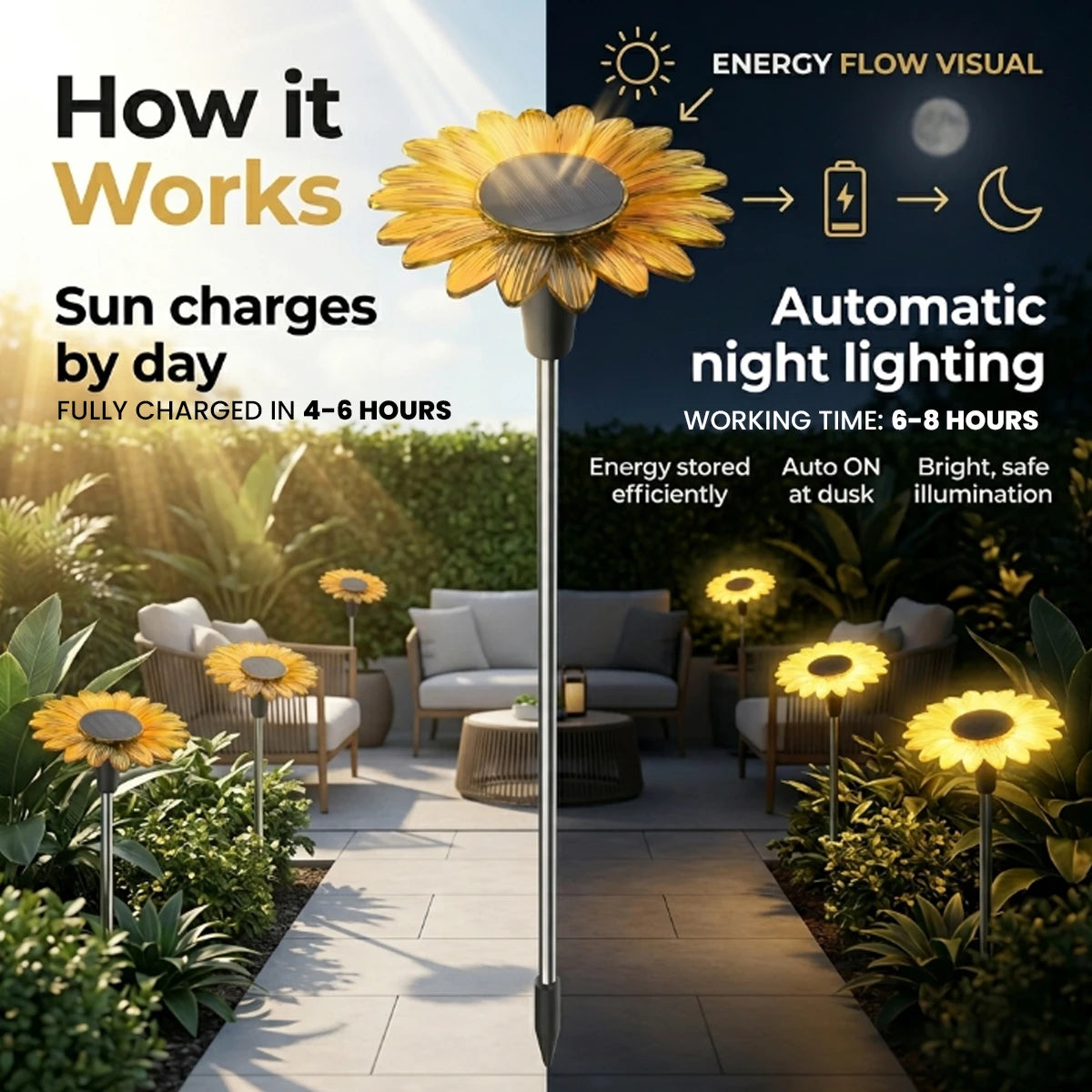 Hardoll Solar Sunflower Garden Decoration Light – Outdoor Waterproof | Solar Light for Home India Warm White (Refurbished, Pack of 4)