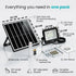 Solar panel with flood light, remote control, batteries, and mounting hardware on a white background.