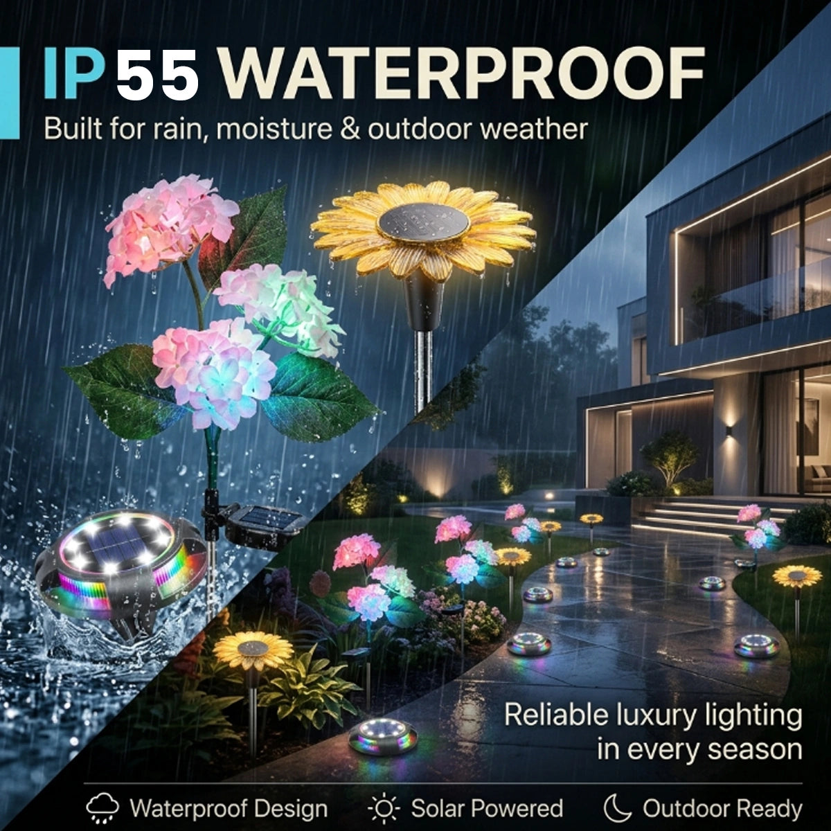 Solar-powered outdoor lights with waterproof feature, used in a modern garden setting.