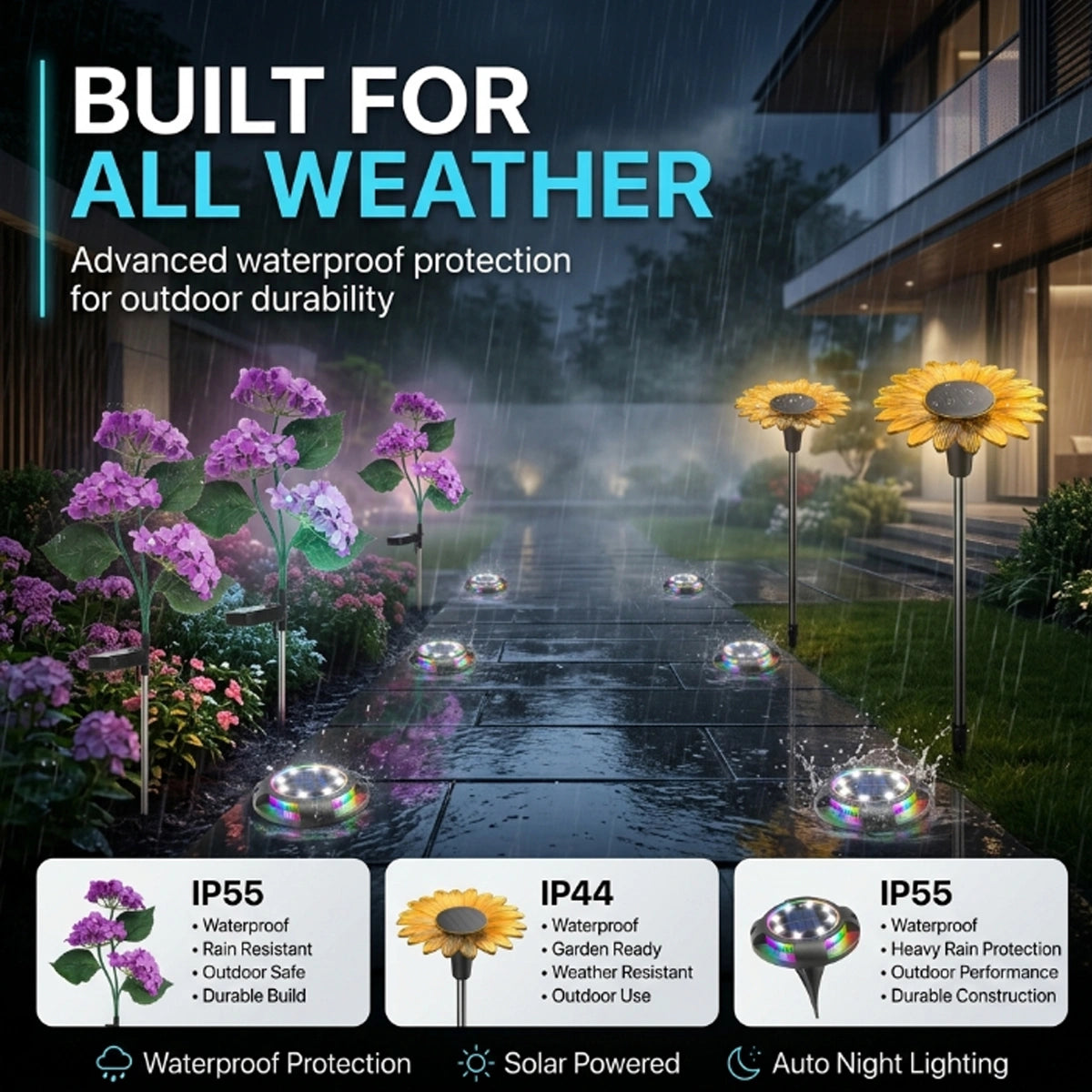 Garden scene with solar lights and flowers, emphasizing weather resistance and durability.