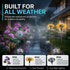 Garden scene with solar lights and flowers, emphasizing weather resistance and durability.
