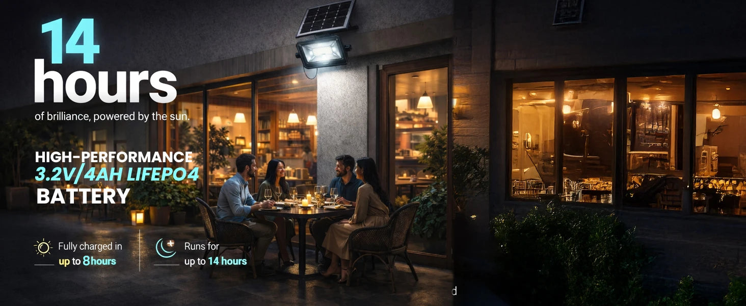 People dining outside a restaurant with outdoor lighting and battery life text overlay.