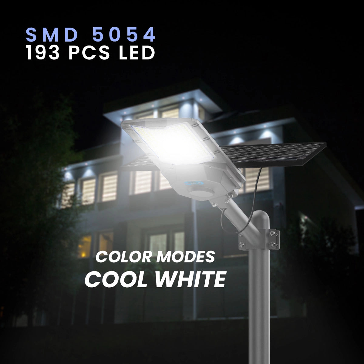 Solar street light with LED components labeled on a dark background