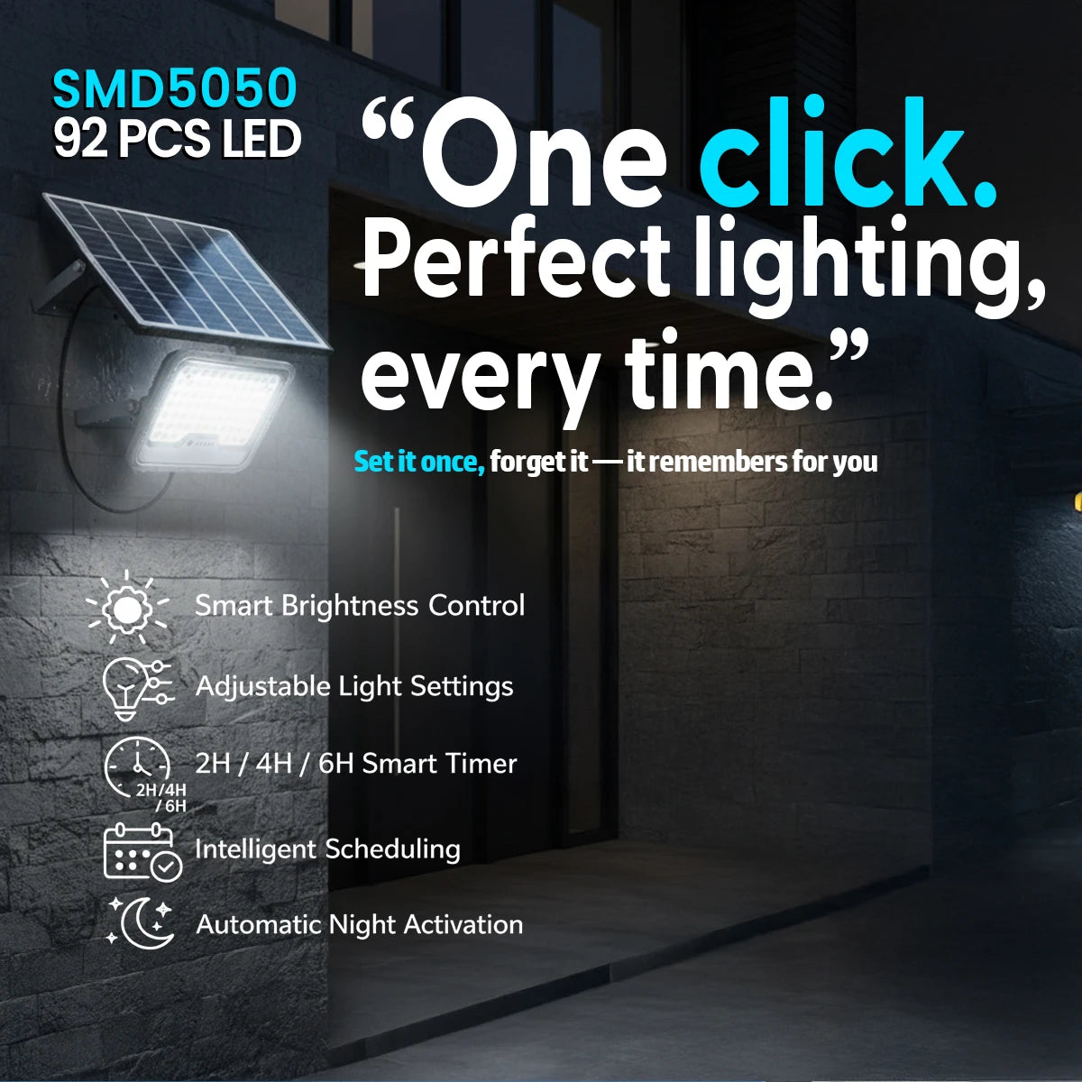 Solar light fixture with LED technology on a dark background, featuring text and features of the product.