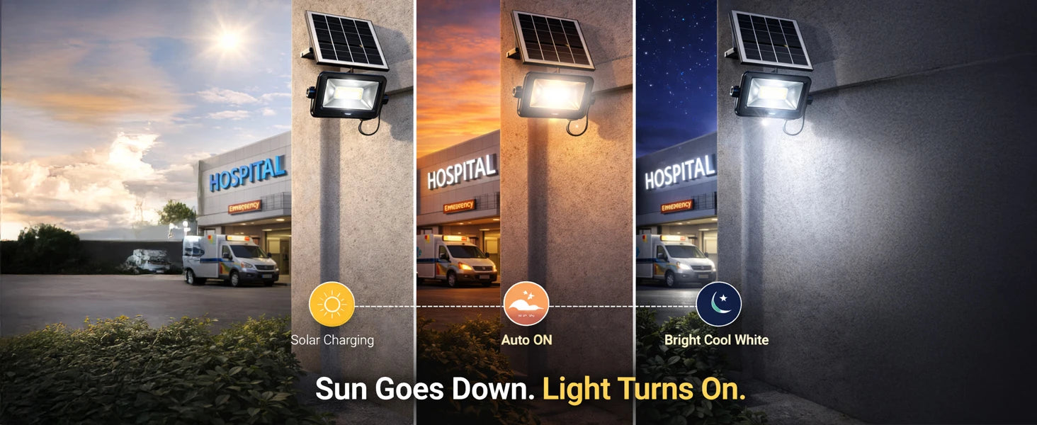 Solar-powered outdoor light with hospital exterior in the background