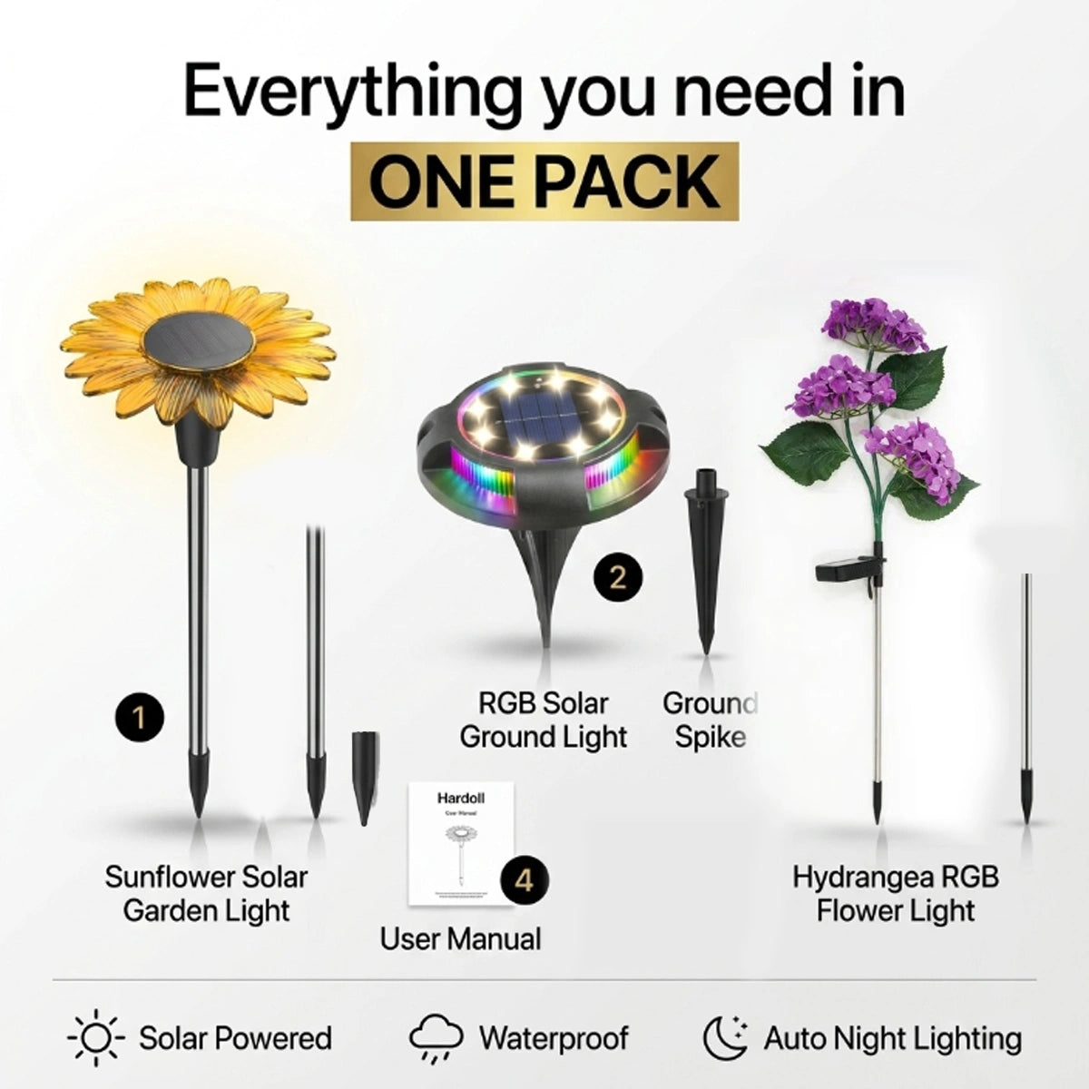 Set of solar garden lights including sunflower, RGB ground light, and hydrangea flower light with packaging details.