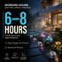 Outdoor setting with solar lights by a pool, featuring text about product working hours and features.