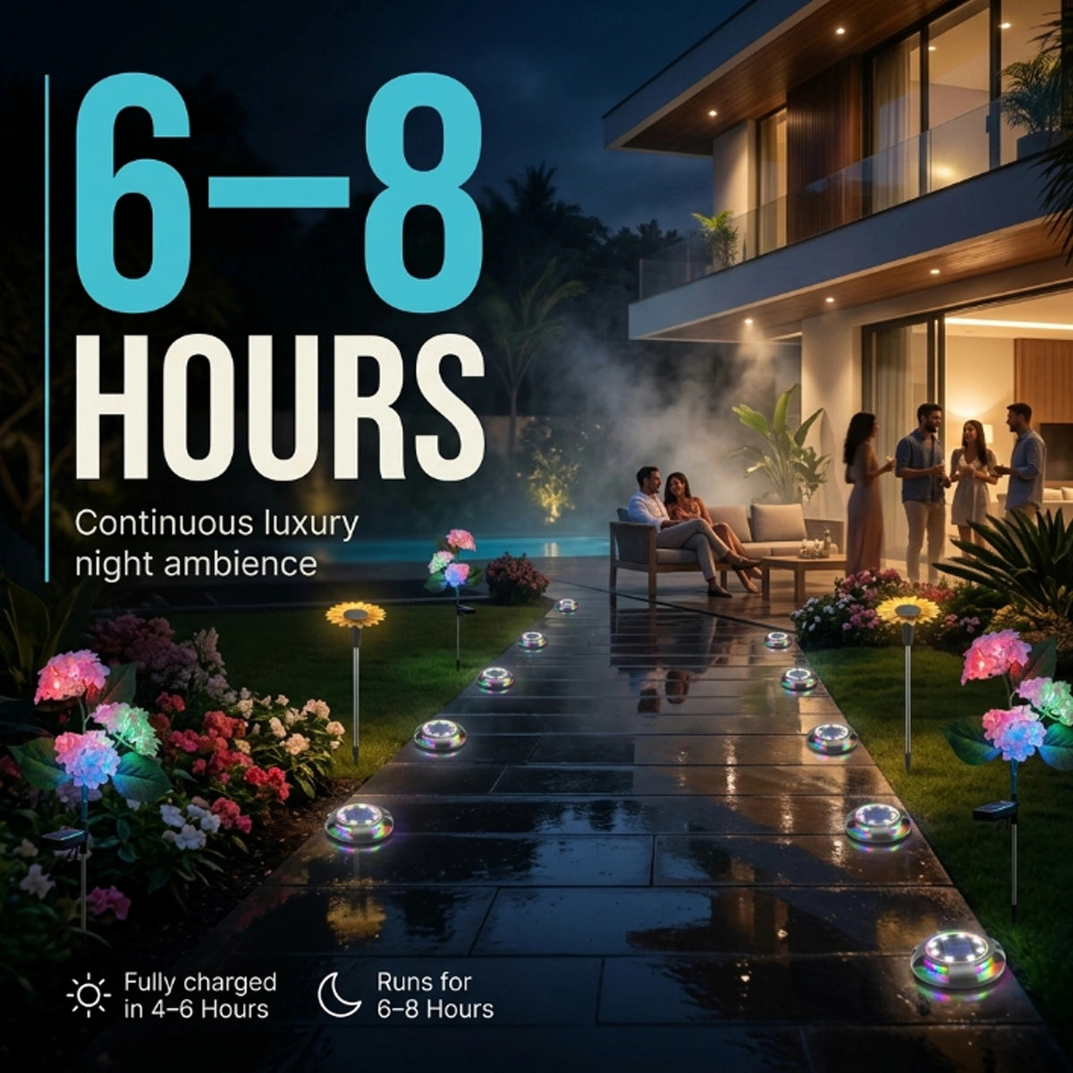Modern outdoor setting with people enjoying a night by a pool, illuminated by decorative lights.