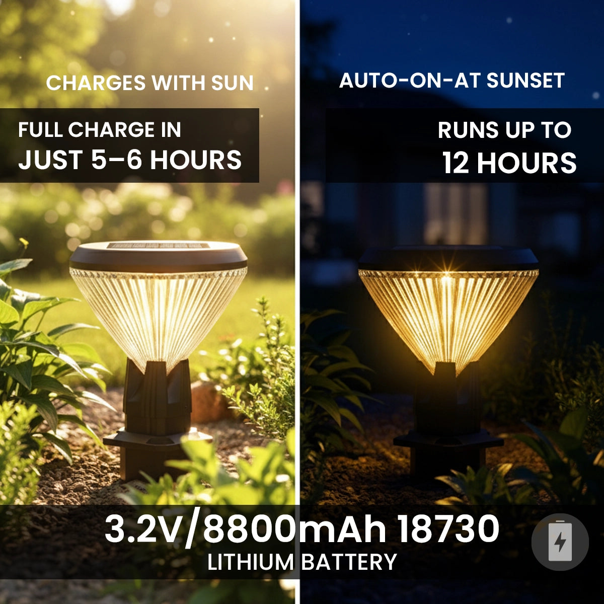 Solar-powered outdoor light with charging and runtime features displayed.