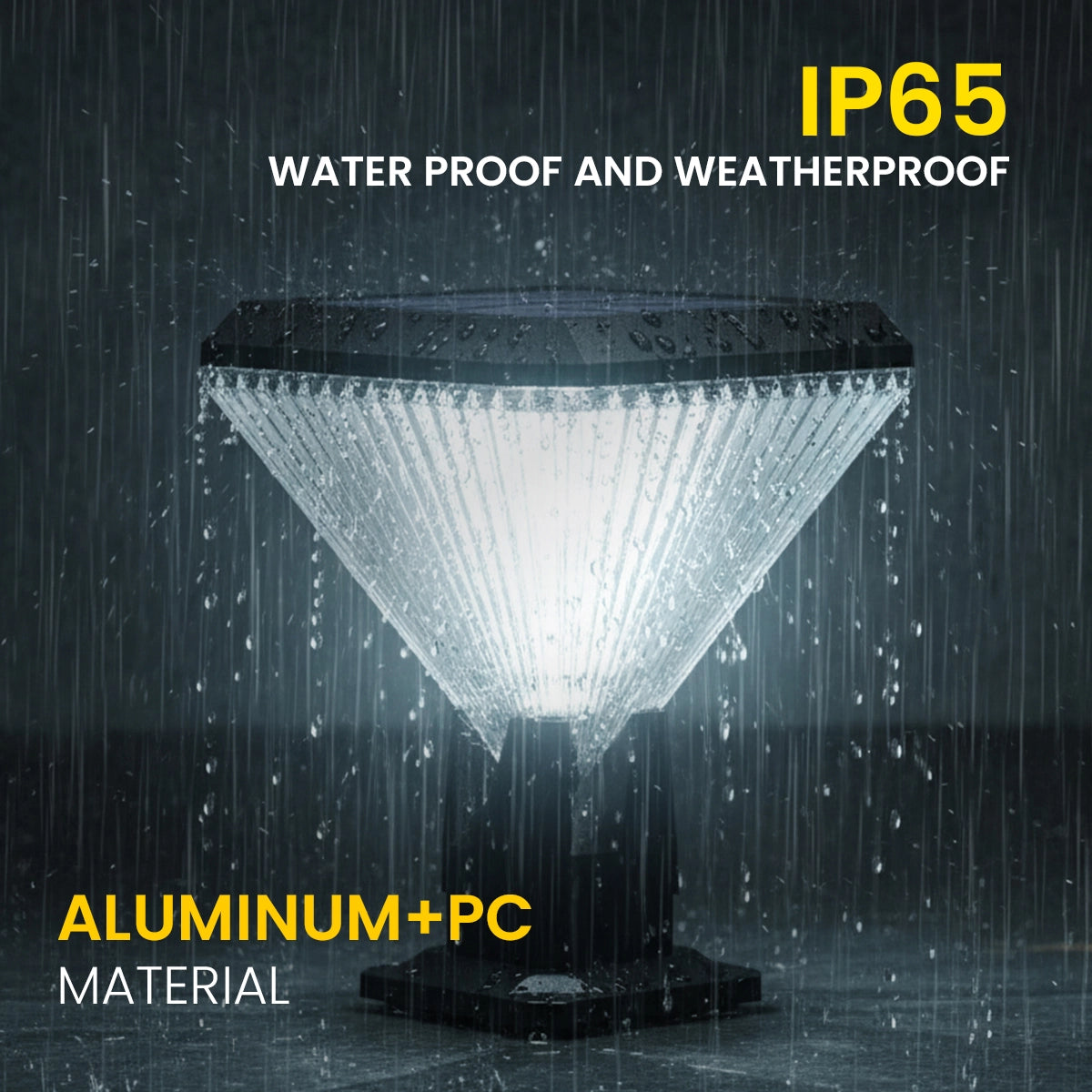 LED light fixture with rain simulation, highlighting waterproof and weatherproof features.