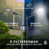 Solar street light with charging capabilities and battery details in an urban setting.