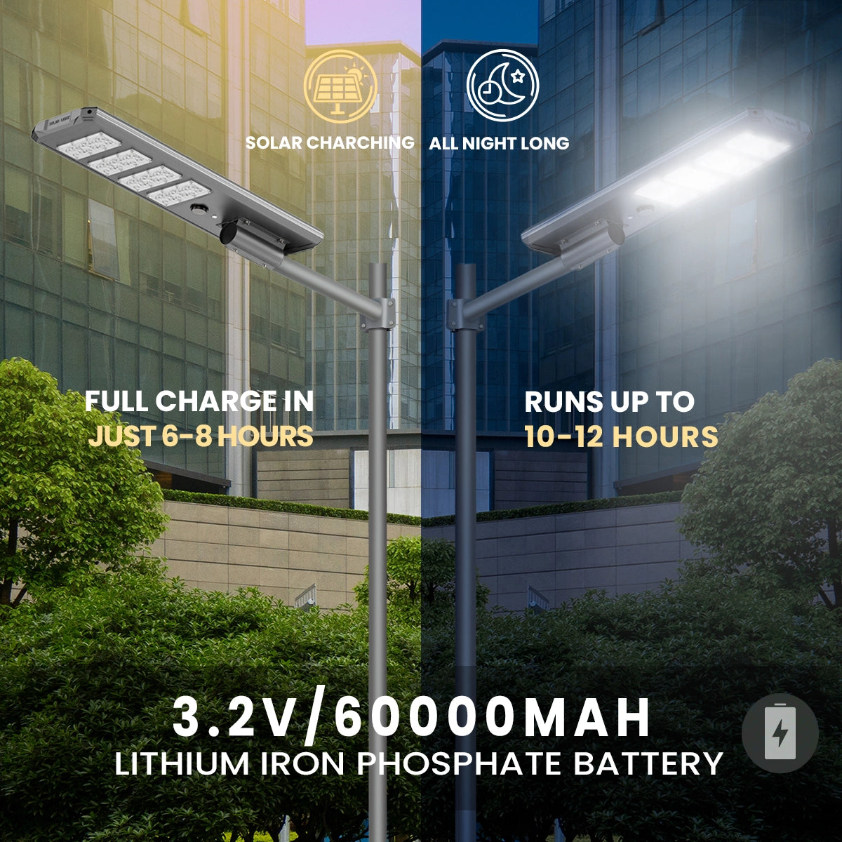 Solar street light with charging and runtime information in an urban setting.