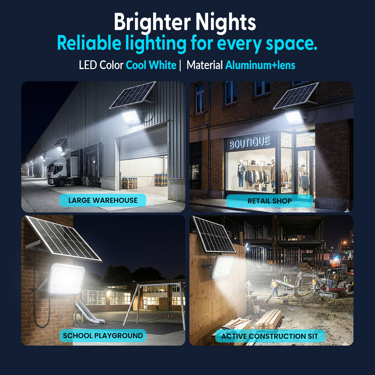 LED lights in various settings with text 'Brighter Nights' and product details.