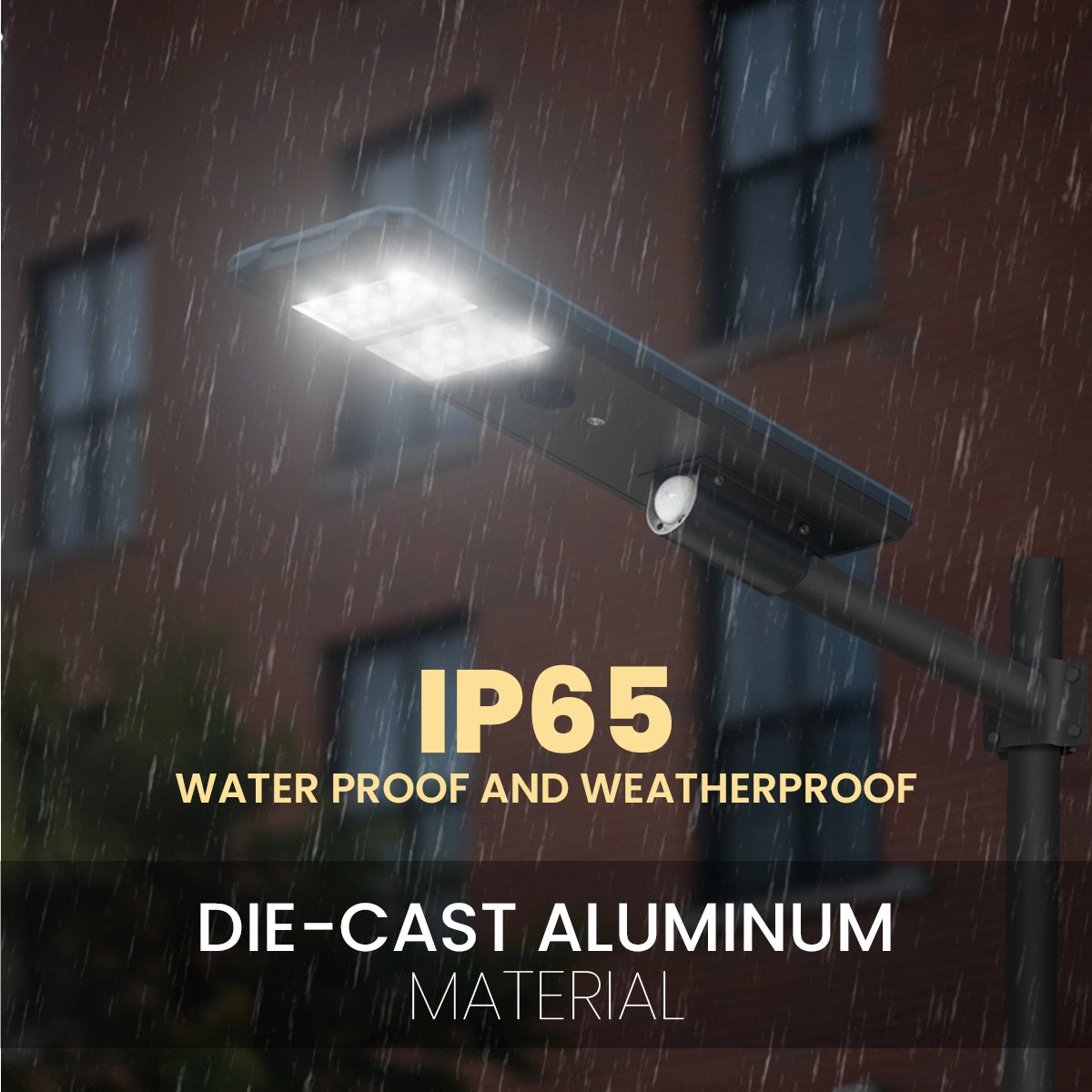 Street light in rain with IP65 waterproof and weatherproof text