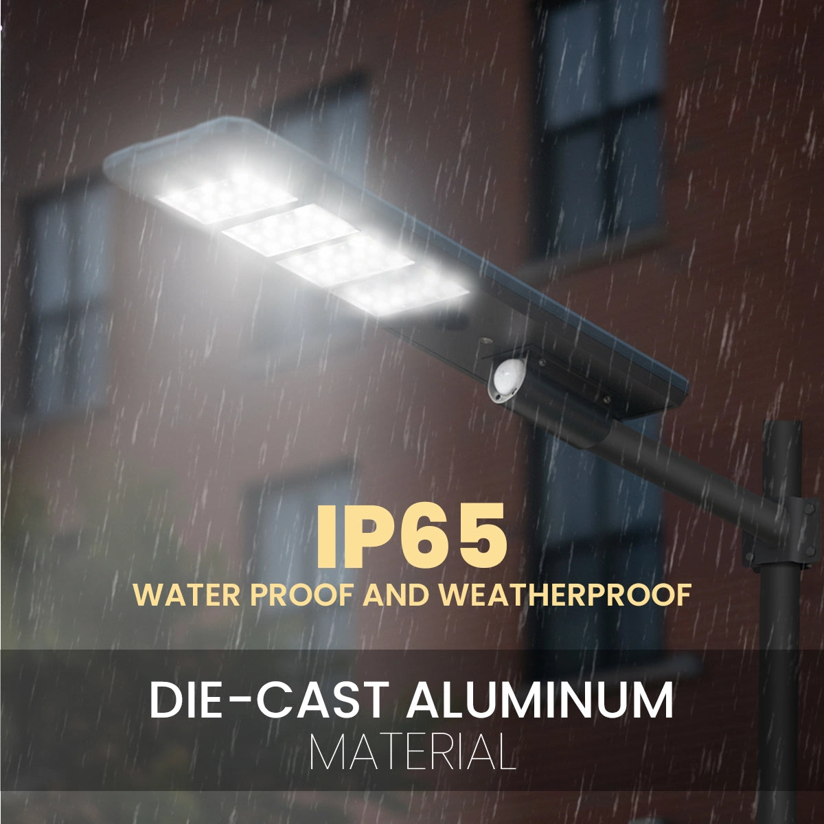 Street light in rain with IP65 waterproof and weatherproof text
