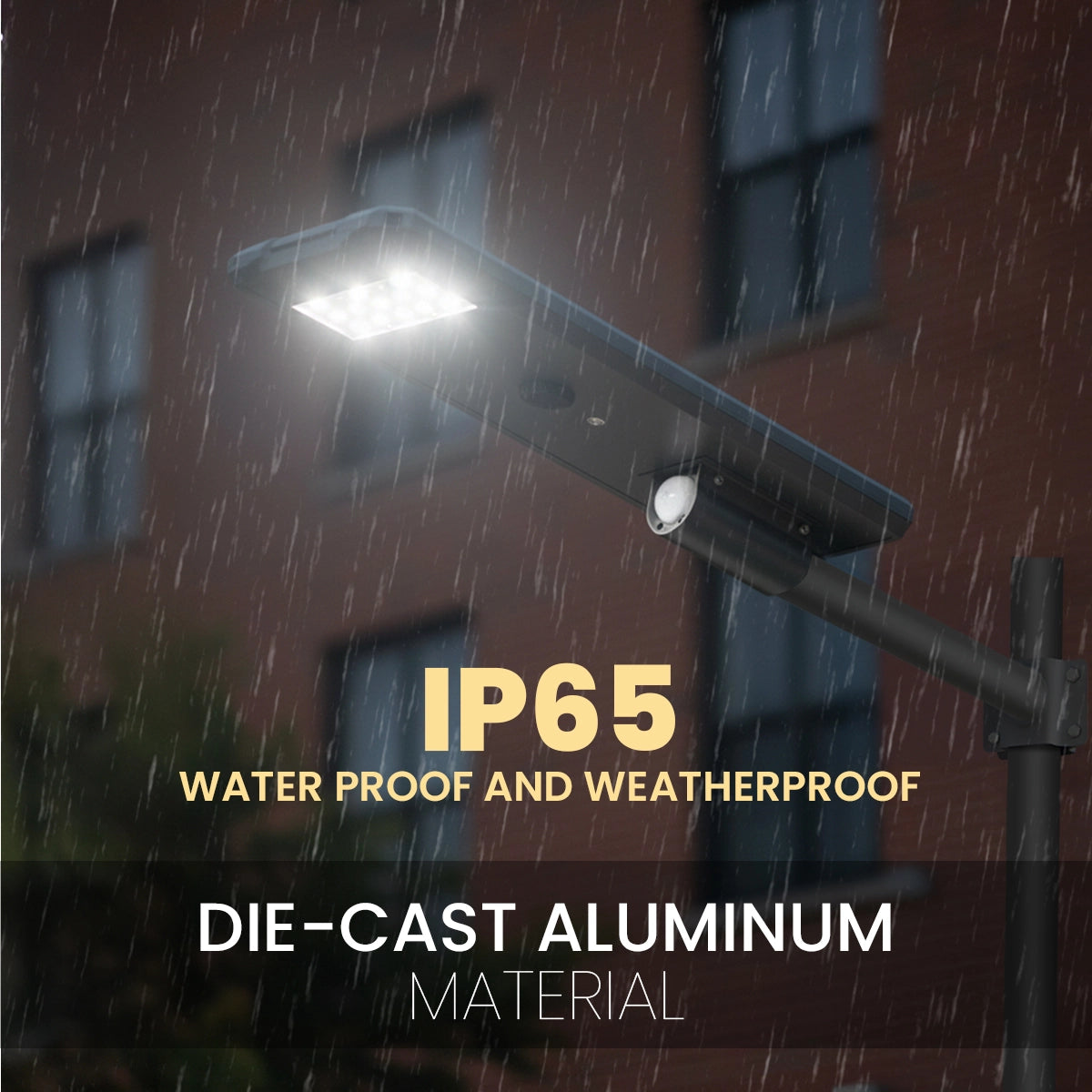Street light in rain with IP65 waterproof and weatherproof text