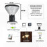 Solar pillar light with dimensions, package contents, and components on a white background