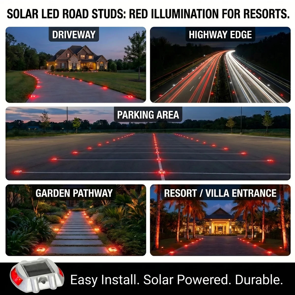 Hardoll Solar Road Stud Light – 6 LED, Red Flashing, Waterproof | Solar Light for Driveway & Pathway India