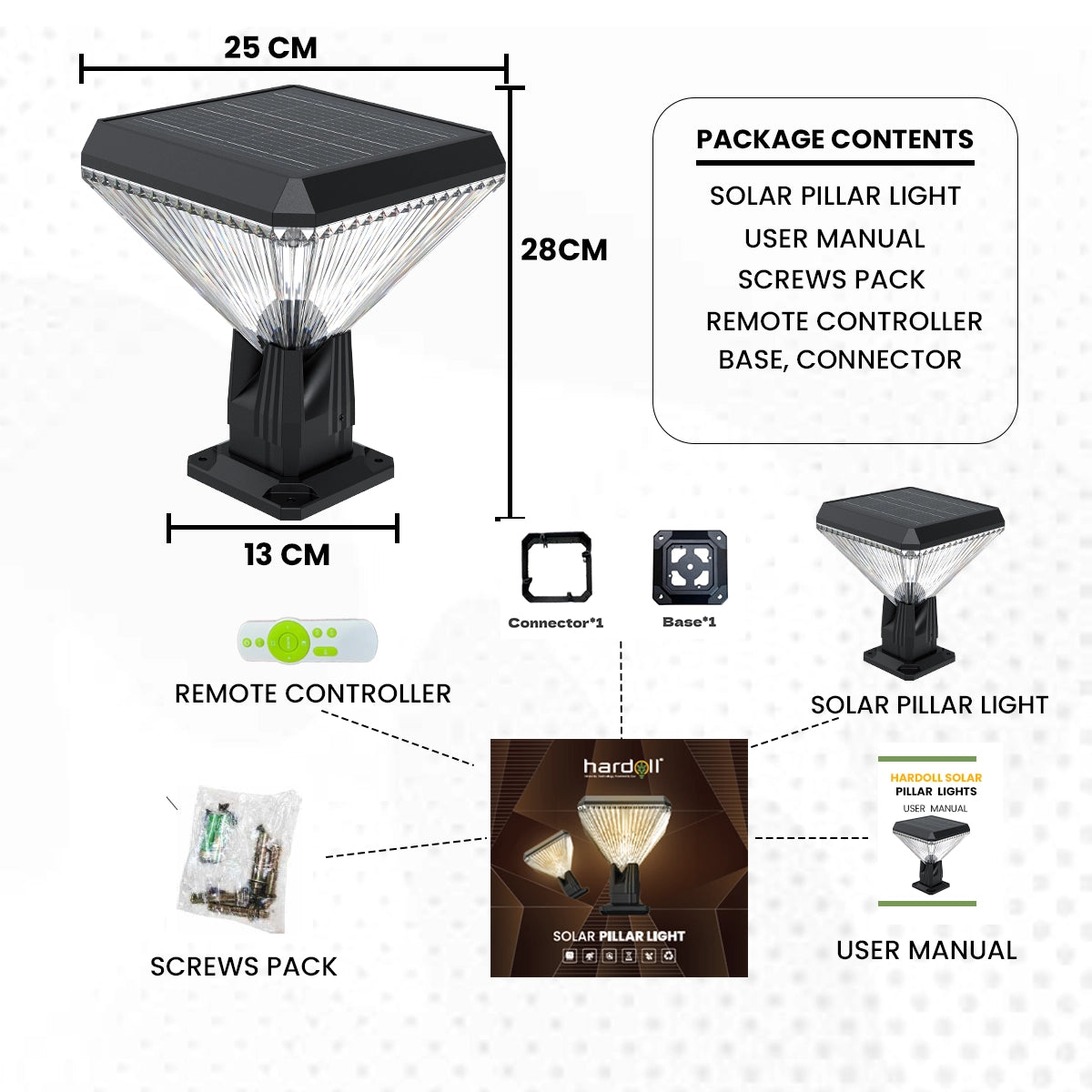 Solar pillar light with dimensions, package contents, and components on a white background