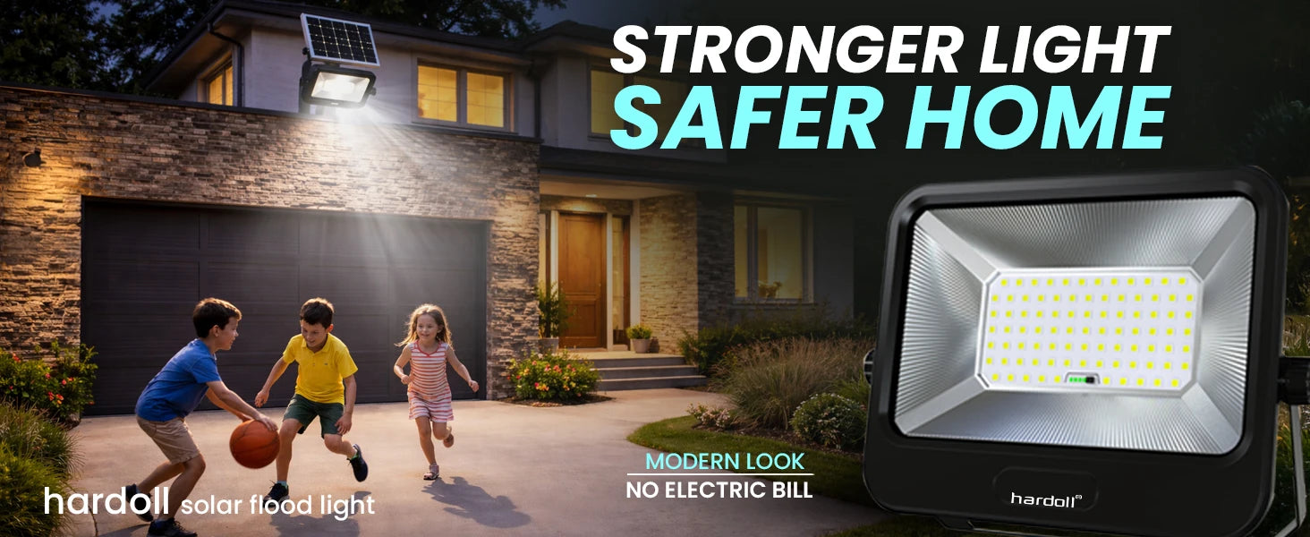 Solar flood light in front of a house with text 'Stronger Light Safer Home' and 'Modern Look No Electric Bill'.