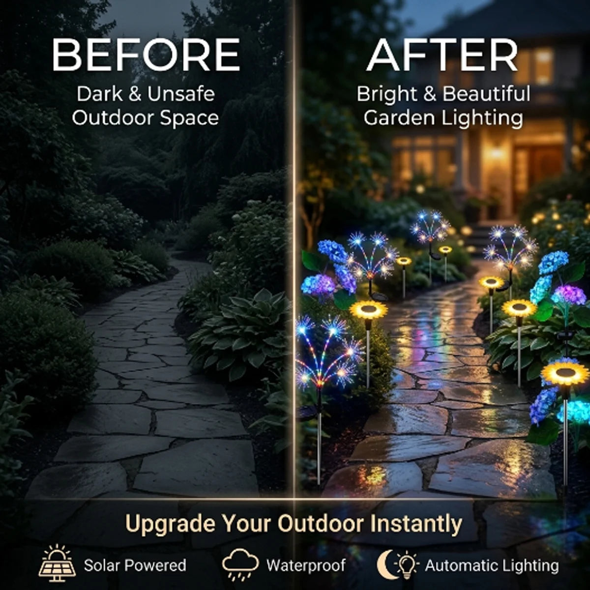 Before and after comparison of outdoor space with garden lighting