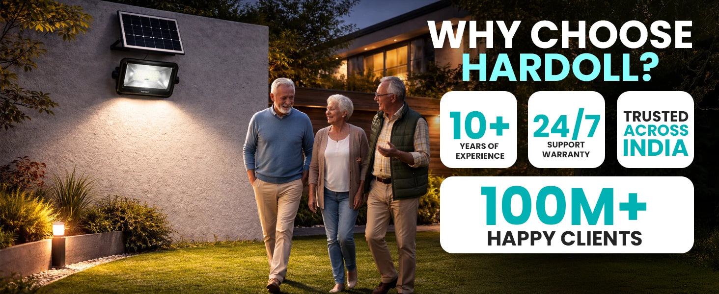 Three people walking outdoors with a promotional banner for Hardoll products on a dark background.