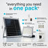 Solar flood light kit with solar panel, LED light unit, remote control, and mounting hardware on a white background.