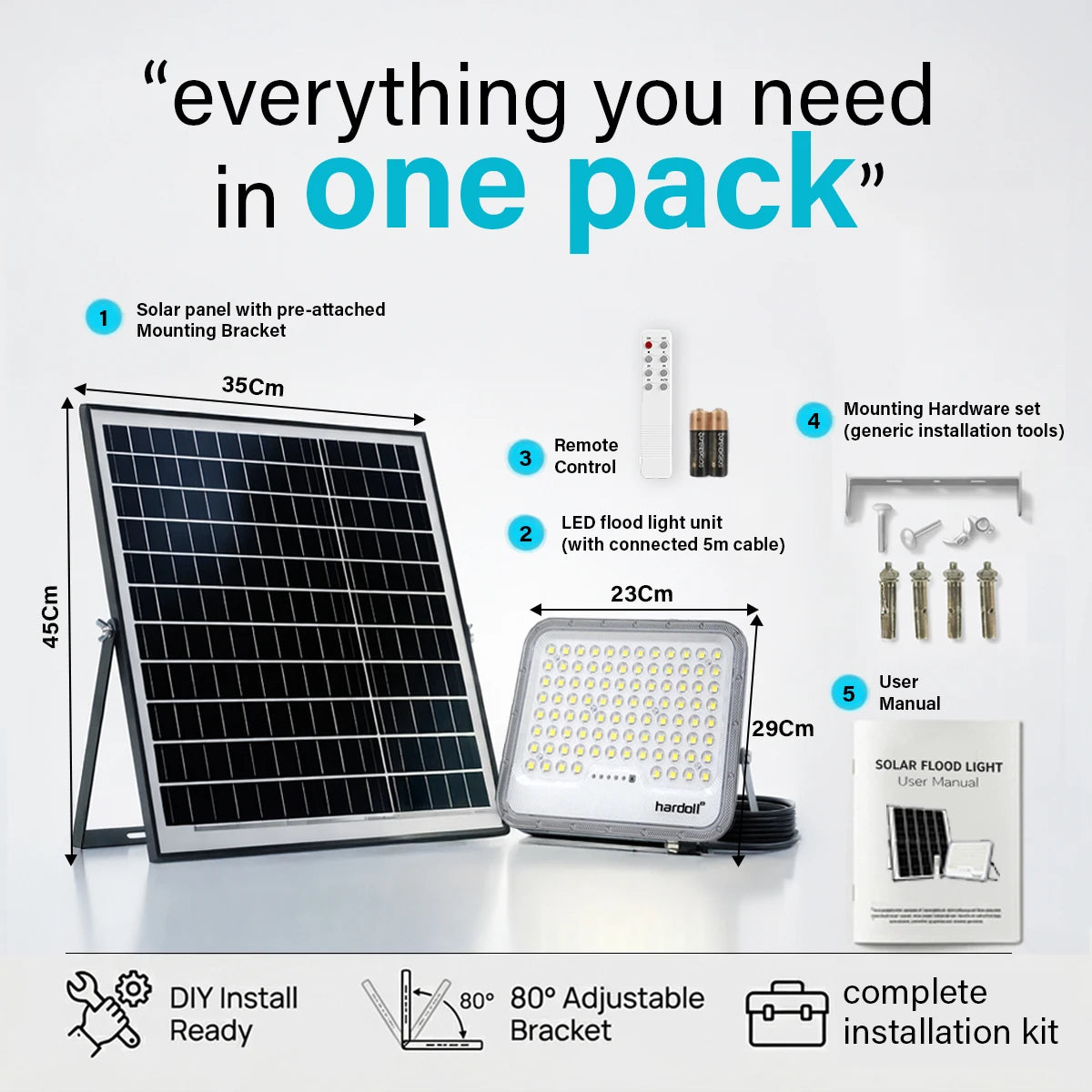 Solar flood light kit with solar panel, LED light unit, remote control, and mounting hardware on a white background.
