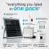 Solar flood light kit with solar panel, LED light unit, remote control, and mounting hardware on a white background.