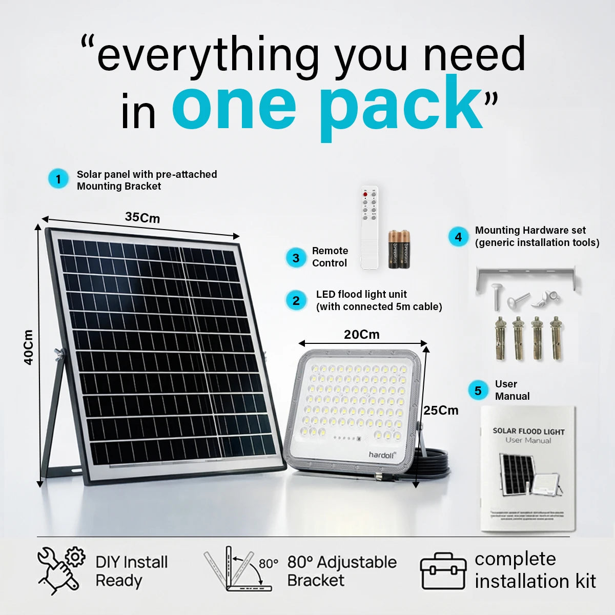 hardoll Solar Flood Light 200W with Remote, Cool White LED, 5M Cable, Waterproof IP65 Aluminium + Lens Body, Replaceable 20000mAh Lifepo4 Battery for Home, Garden, Terrace, Outdoor (Pack of 1)