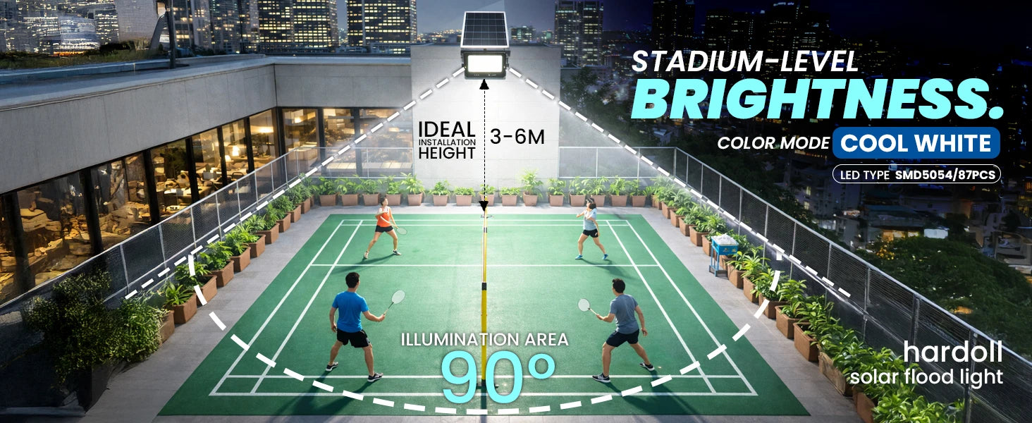 Badminton court with solar flood light system on a rooftop, showing stadium-level brightness.