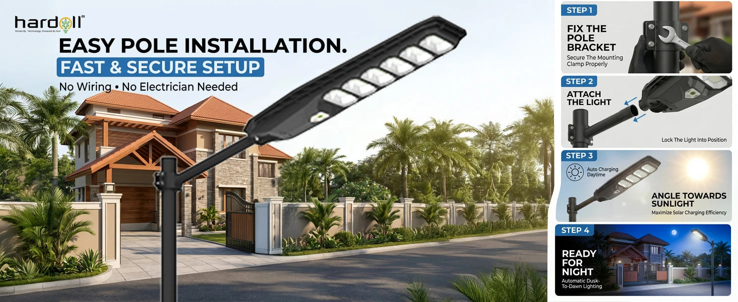 Hardell solar pole light shown installed outdoors on a driveway in front of a house, with large promotional text on the left and a step-by-step installation graphic on the right.