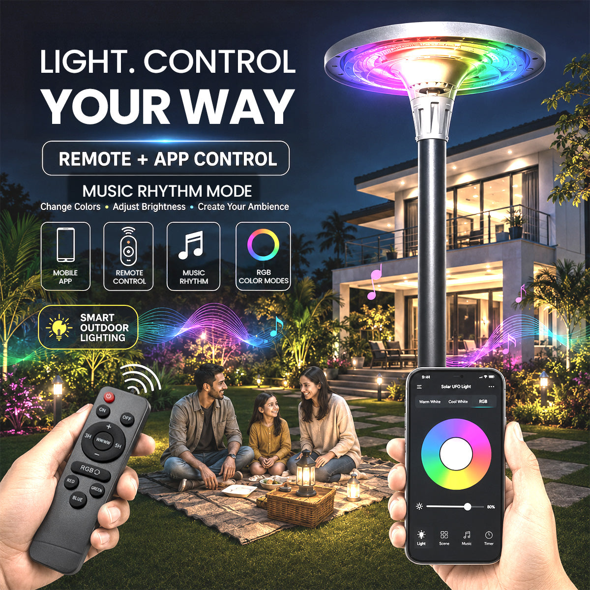 Hardoll 1200W Solar UFO Light – Waterproof LED | Solar Light for Home & Garden Outdoor India (Warm/Cool White+RGB)