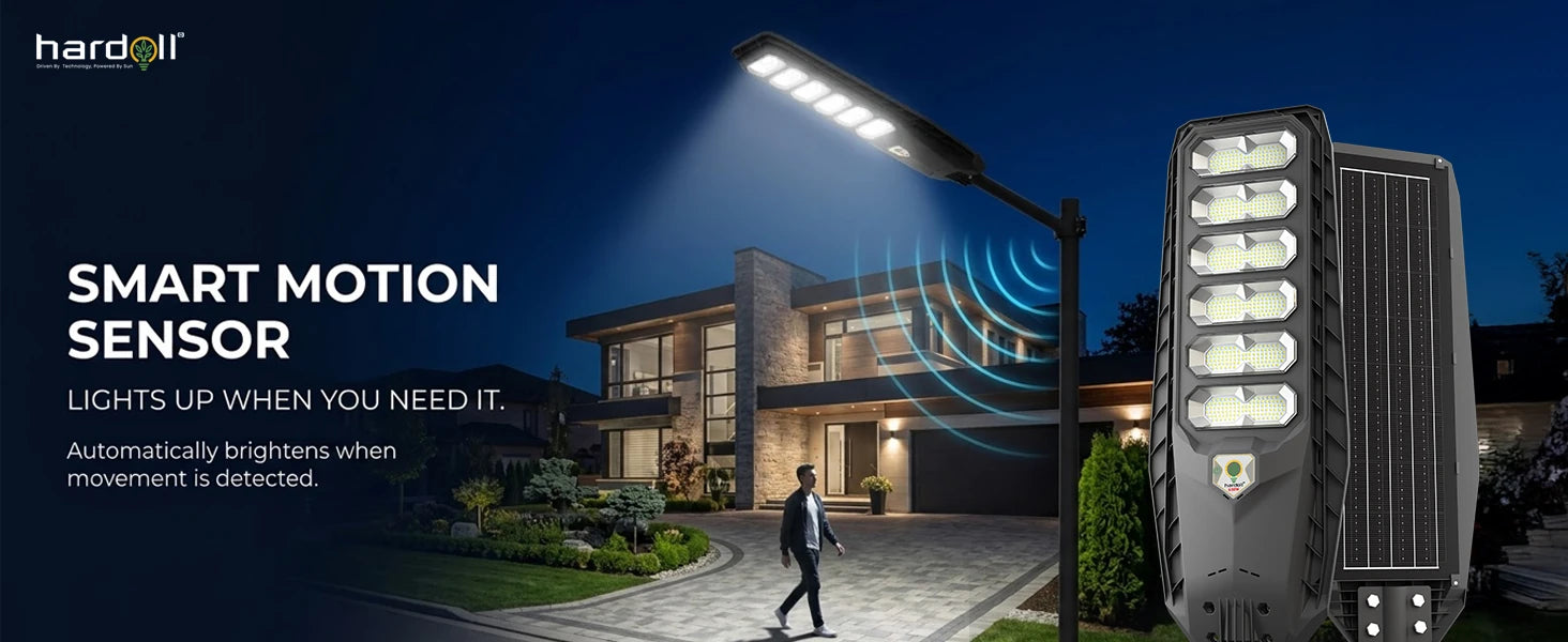 A smart motion-activated outdoor LED street light shown in a nighttime residential scene, with a large product cutout on the right and marketing text on the left. The product is designed to light up when motion is detected.