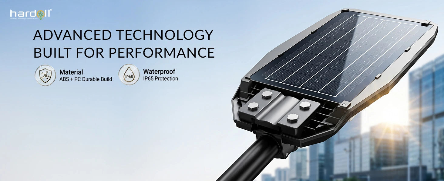 A solar-powered street light shown at an angle against a bright sky and blurred cityscape background, with marketing text on the left reading 'ADVANCED TECHNOLOGY BUILT FOR PERFORMANCE' and feature icons for material and waterproof protection.
