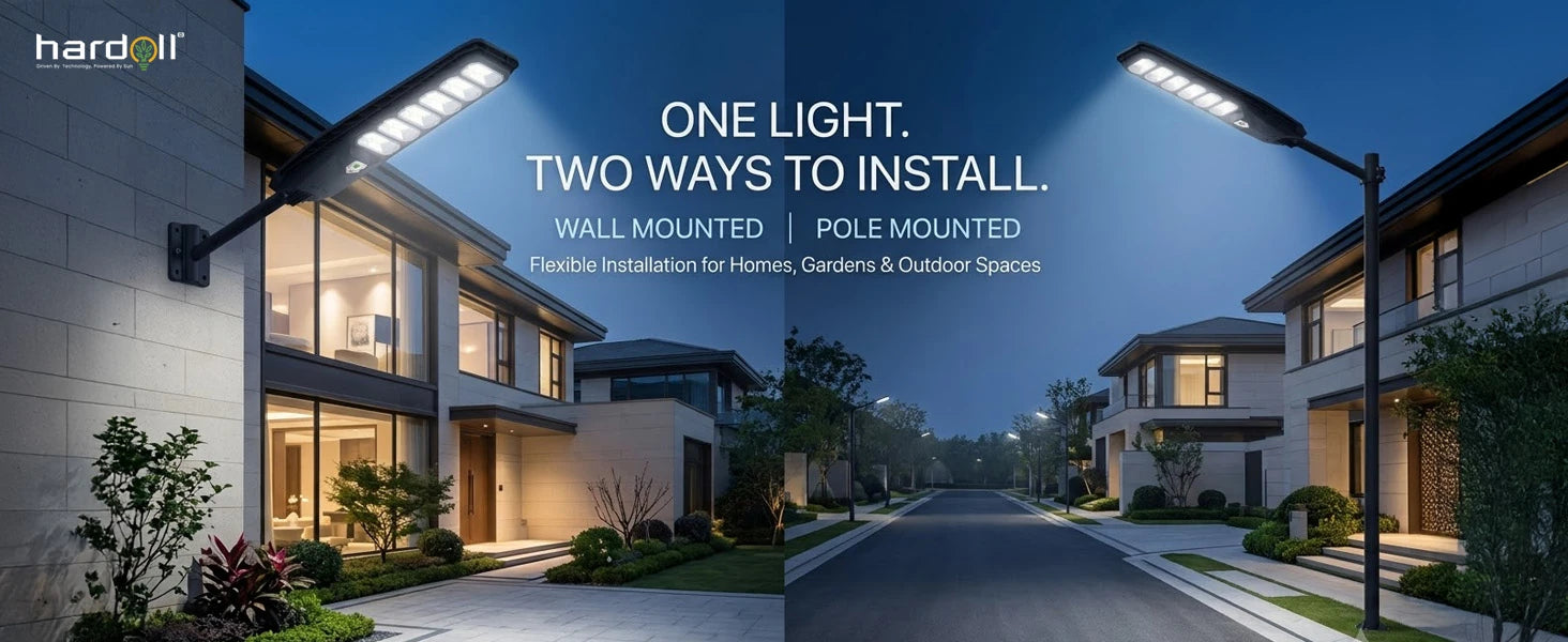 A promotional image for Hardoll outdoor LED light fixtures showing two installation styles: wall-mounted on the left and pole-mounted on the right, set against a twilight residential street scene with text overlay 'ONE LIGHT. TWO WAYS TO INSTALL.
