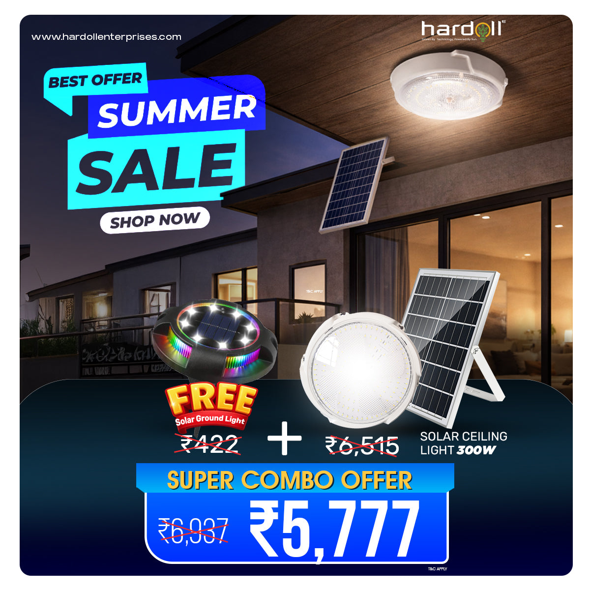 Advertisement for solar ceiling lights with a summer sale offer on a building exterior.