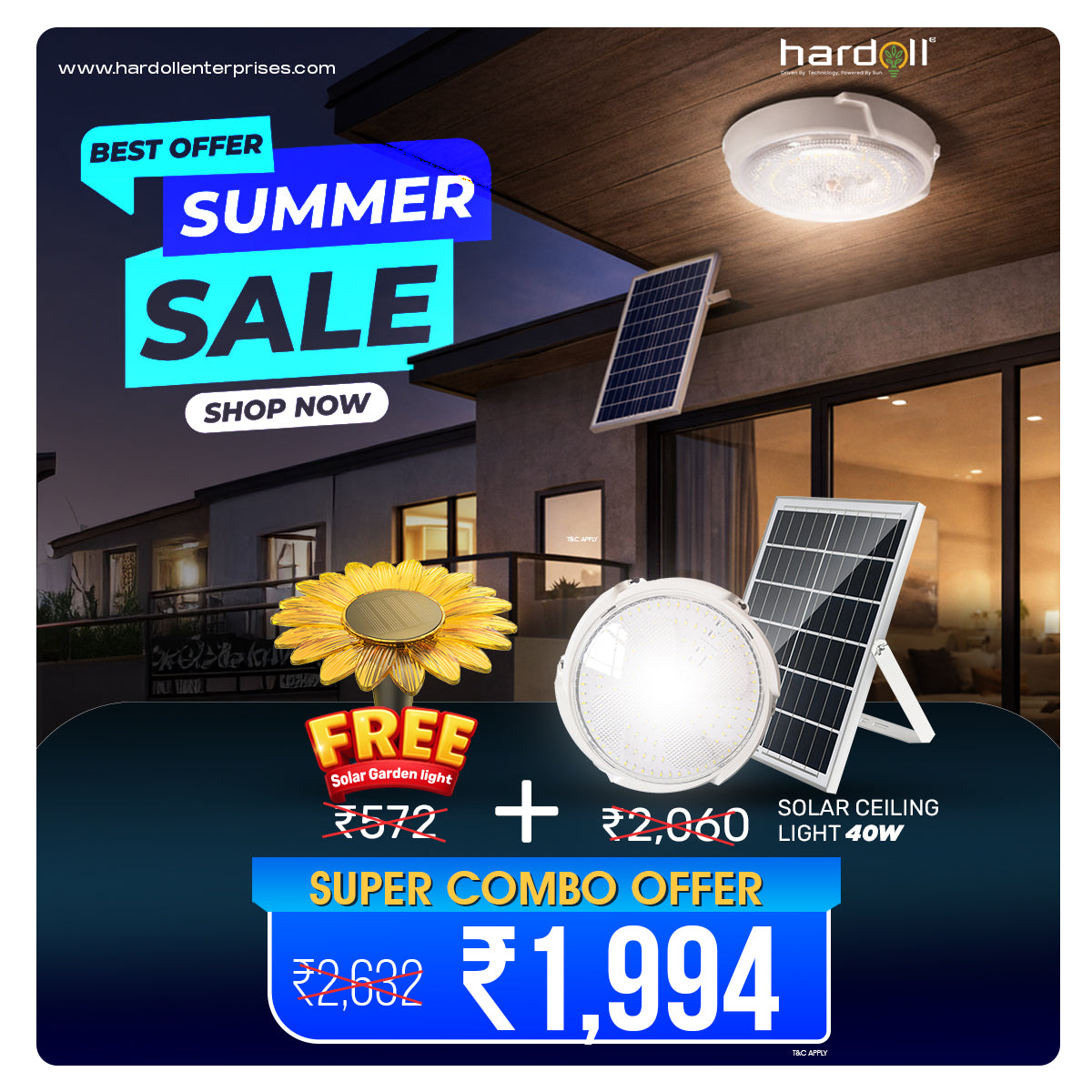 Hardoll Solar Light Indoor 40W for Home, Waterproof Solar LED Lights, Emergency Ceiling & Garden Lamp, Energy-Efficient Solar Lighting for Yard, Patio, Balcony & Outdoor Use  (Cool White)