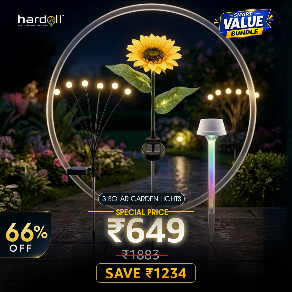Solar garden lights with a sunflower design, promotional text, and hardoll branding.