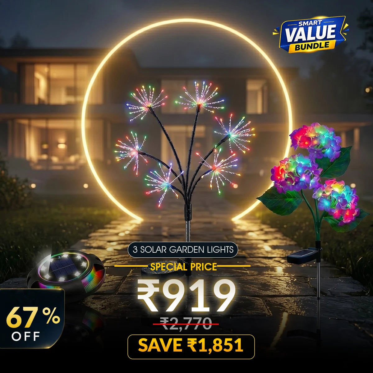 Solar garden lights with colorful flowers and a house in the background, featuring a promotional offer.